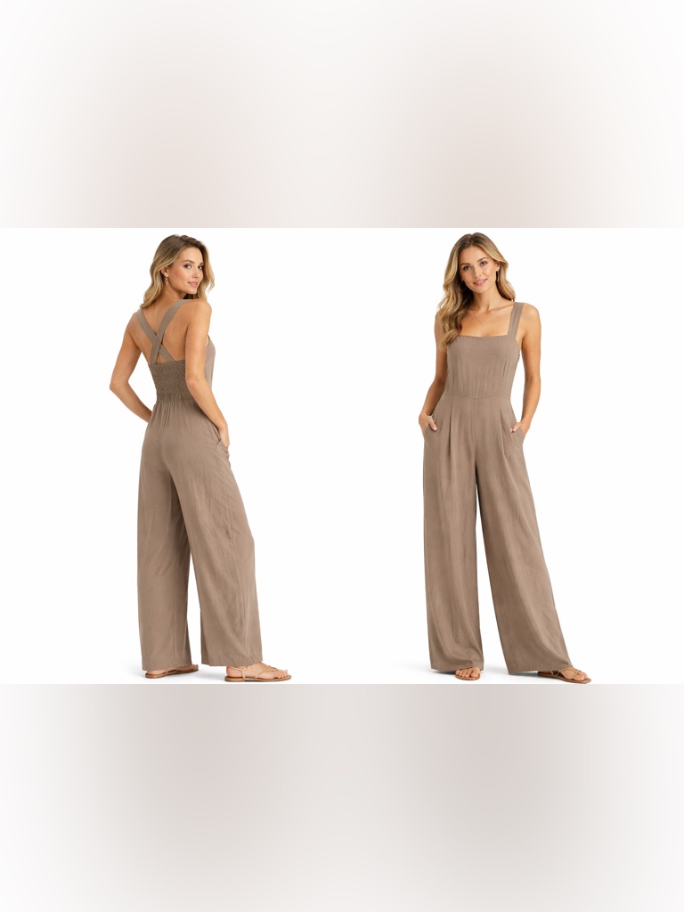 Theory Taupe Wide Leg Jumpsuit Crisscross Back Smocked Bodice Sleeveless Size 2